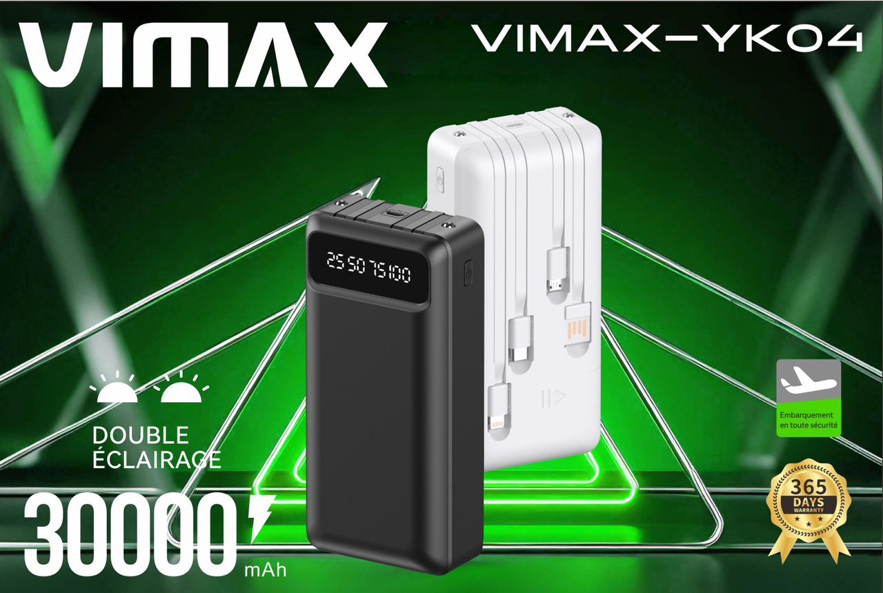 Power Bank VIMAX YK03 10 000 mAh / 20 000 mAh / 30 000 mAh — 3 Câbles Intégrés + Écran LED + Lampe Torche
