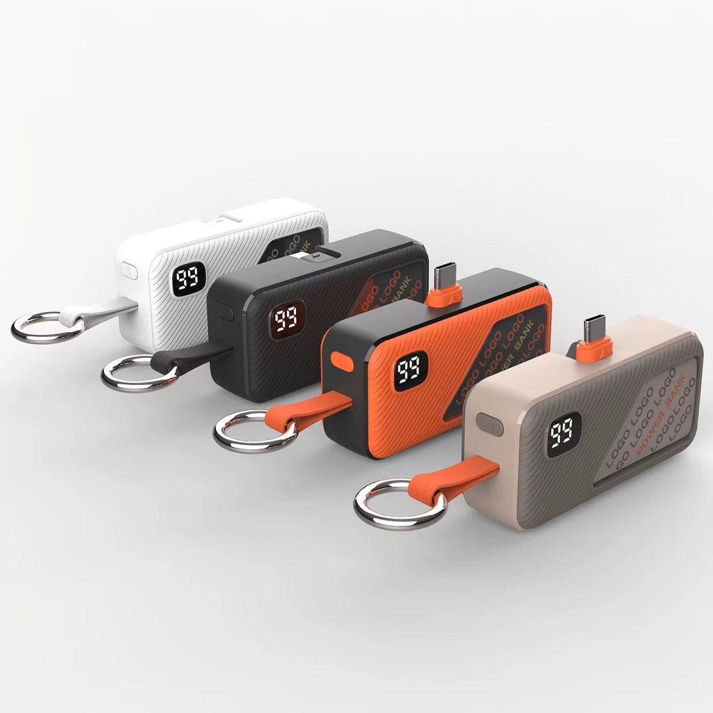 Mini Power Bank Porte-Clés 5000mAh — Connecteur Intégré USB C, Écran LED & Ultra Compact