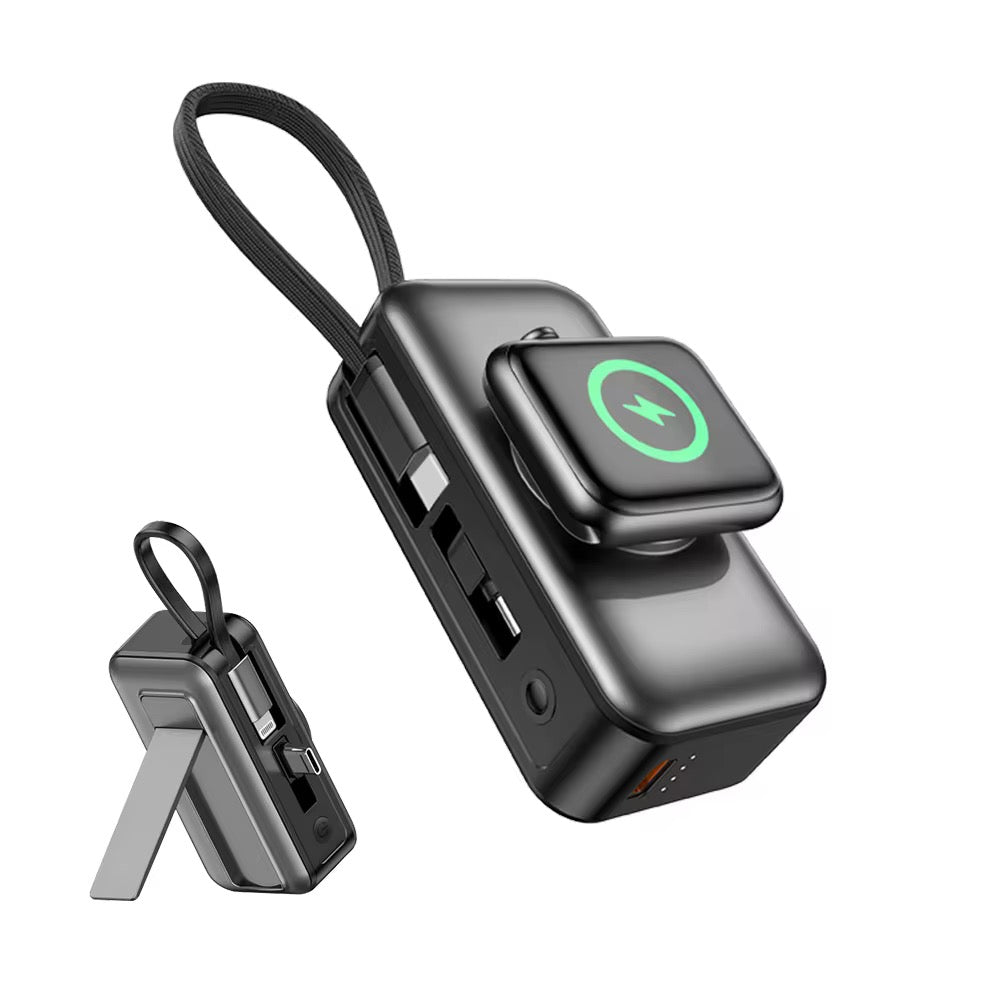 Mini Batterie Externe 5000mAh 5-en-1 — Charge Sans Fil Apple Watch, Support Intégré & Câbles