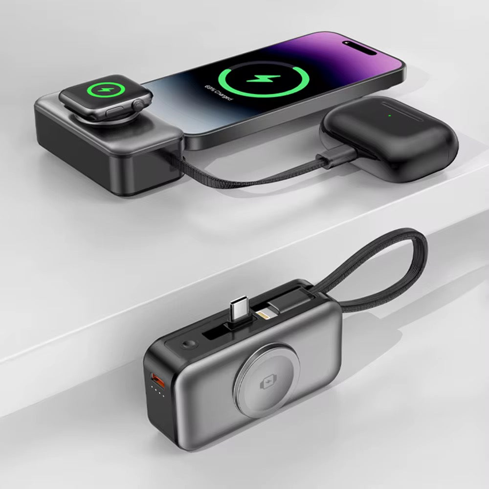 Mini Batterie Externe 5000mAh 5-en-1 — Charge Sans Fil Apple Watch, Support Intégré & Câbles