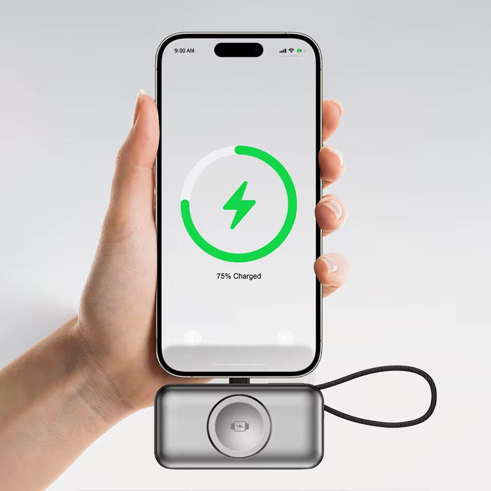 Mini Batterie Externe 5000mAh 5-en-1 — Charge Sans Fil Apple Watch, Support Intégré & Câbles