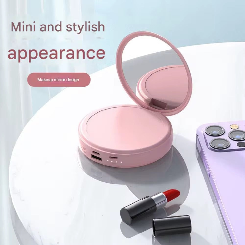 Batterie Externe Miroir Rond — Format Poudrier, Élégante & Rechargeable