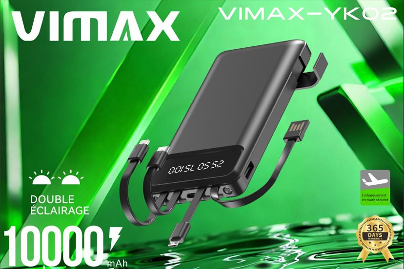 Power Bank VIMAX YK03 10 000 mAh / 20 000 mAh / 30 000 mAh — 3 Câbles Intégrés + Écran LED + Lampe Torche