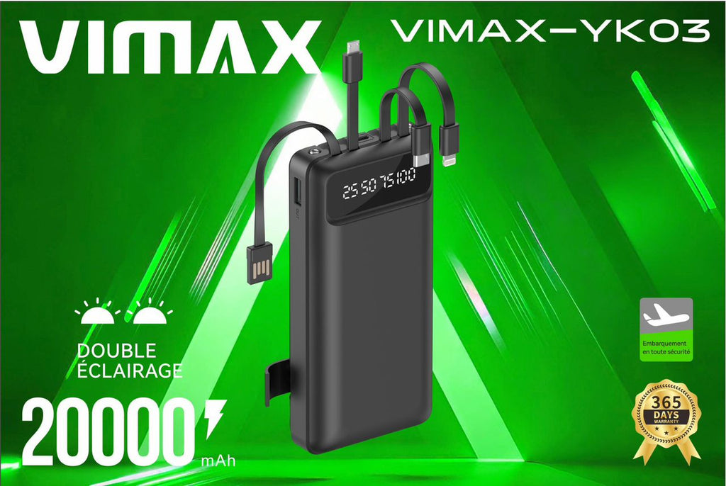 Power Bank VIMAX YK03 10 000 mAh / 20 000 mAh / 30 000 mAh — 3 Câbles Intégrés + Écran LED + Lampe Torche